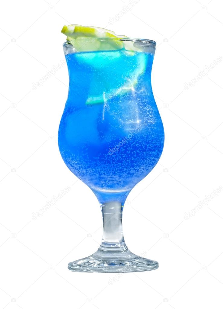 Cool refreshing blue curacao cocktail in a tall glass with orang