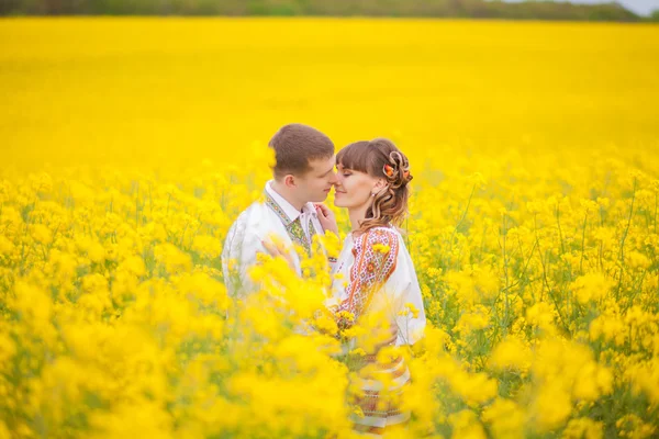 Brudgummen kyssa bruden på gula sommaren sätter — Stockfoto