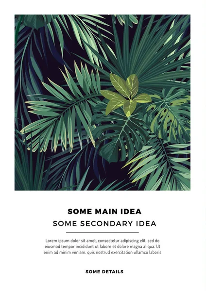 Dark tropical postcard design with green jungle palm leaves. Space for text. Vector illustration.