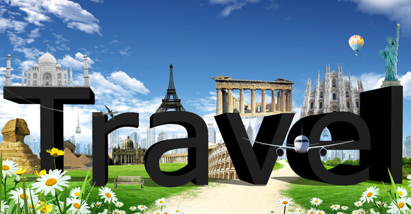 3D travel illustration with landmarks around the world
