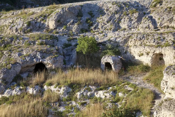 Rupestrian Kyrka Längs Ravinen Ristade Gravina River Där Ligger Matera — Stockfoto