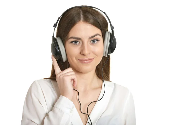 Menina ouvir música em fones de ouvido . — Fotografia de Stock