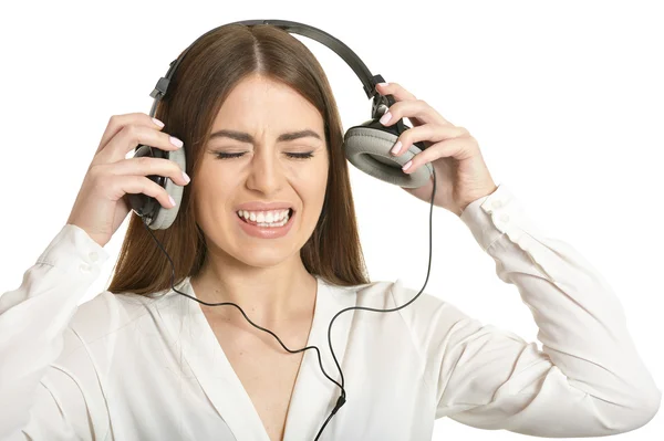 Menina ouvir música em fones de ouvido . — Fotografia de Stock