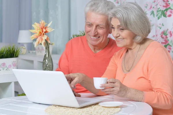 Ευτυχισμένο ζευγάρι ηλικιωμένων με φορητό υπολογιστή — Φωτογραφία Αρχείου