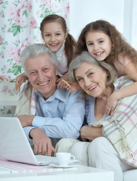 Casal sênior com netos e laptop — Fotografia de Stock