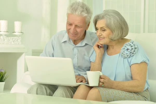 Lykkelig senior par med bærbar datamaskin – stockfoto