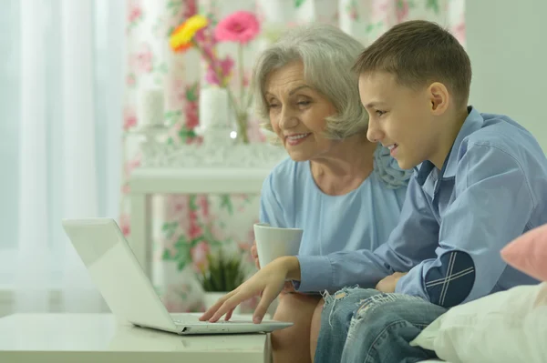 grandmother and boy with laptop
