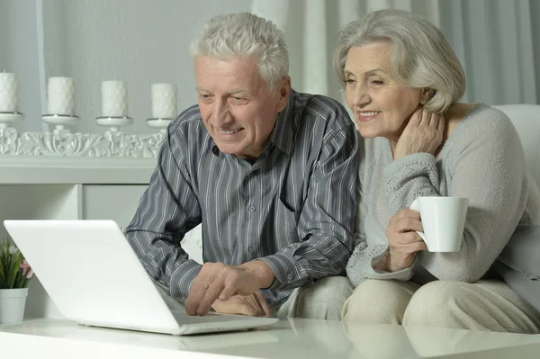 Casal sênior feliz com laptop — Fotografia de Stock