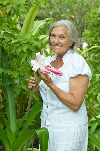 Mujer mayor con flor — Foto de Stock