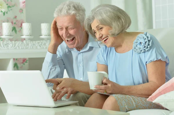 Happy senior couple with laptop — Stock Photo, Image