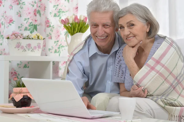 Happy senior couple with laptop — Stock Photo, Image