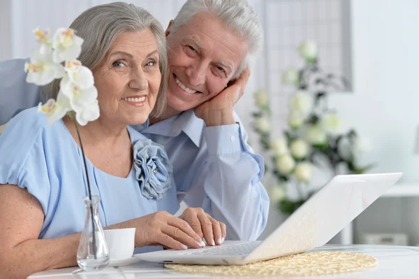 Gelukkig senior paar met laptop — Stockfoto