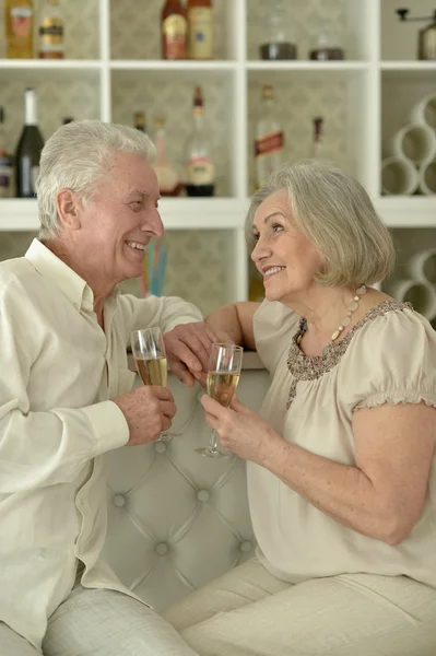 Feliz pareja de ancianos con vino —  Fotos de Stock