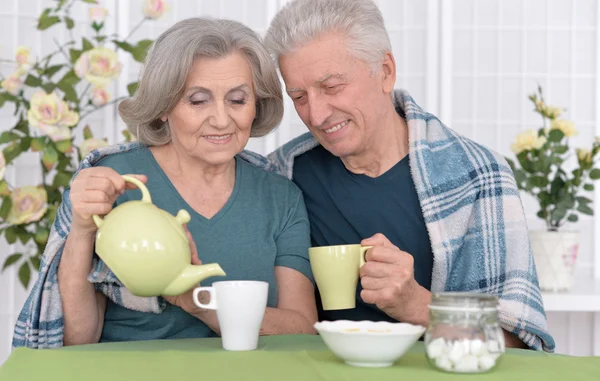 Oudere echtpaar drinken thee — Stockfoto