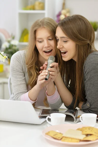 Mulheres jovens com microfones — Fotografia de Stock