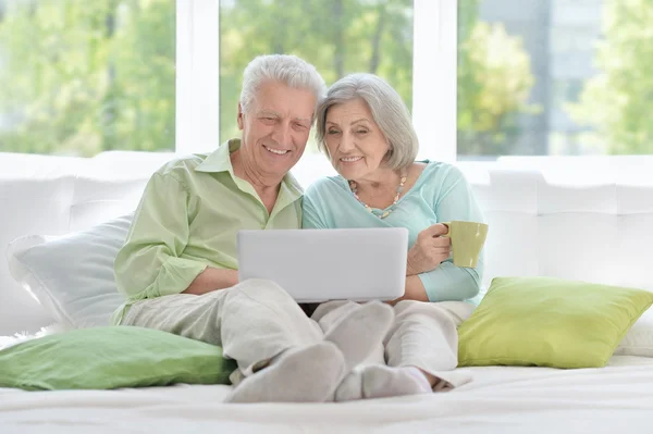 Feliz pareja de ancianos con portátil — Foto de Stock