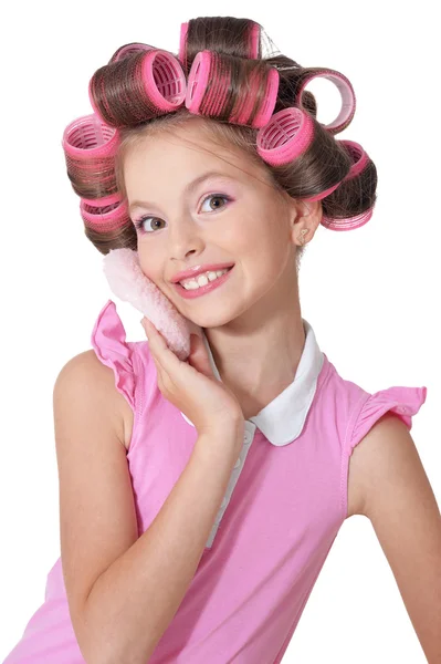 Little pretty girl   in hair curlers — Stock Photo, Image