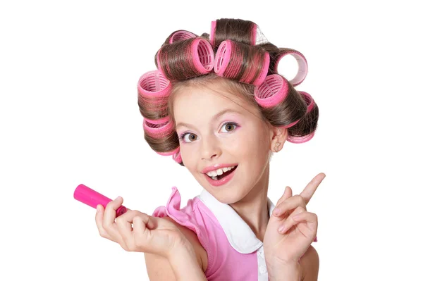 Little pretty girl   in hair curlers — Stock Photo, Image