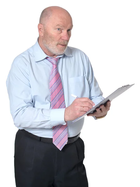 Elderly  businessman with clipboard — Stock Photo, Image
