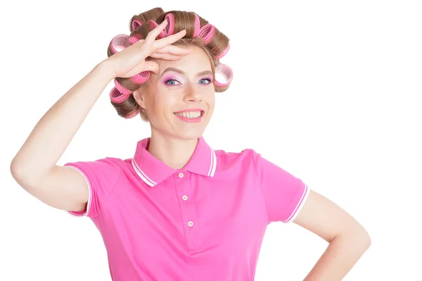 Mulher bonita em encrespadores de cabelo — Fotografia de Stock