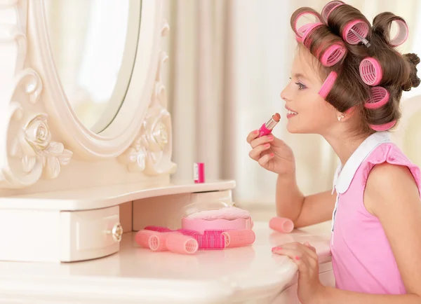 Little pretty girl   in hair curlers — Stock Photo, Image