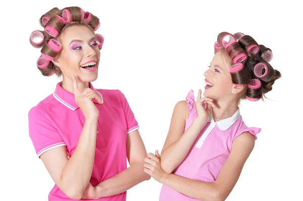 Mother and little daughter in hair curlers — Stock Photo, Image