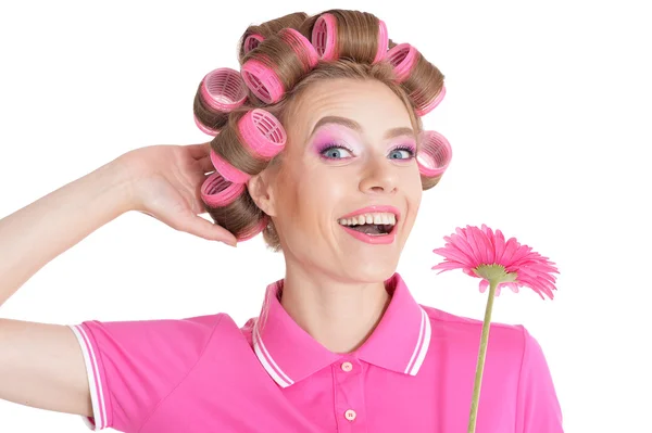 Hermosa mujer en rulos de pelo — Foto de Stock