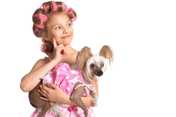 Menina em encrespadores de cabelo com cão — Fotografia de Stock