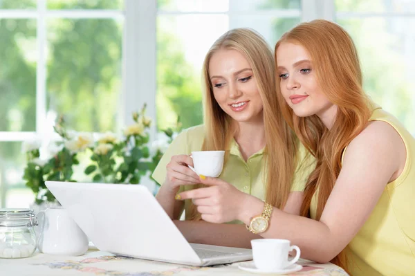 Meninas bebendo chá com laptop — Fotografia de Stock