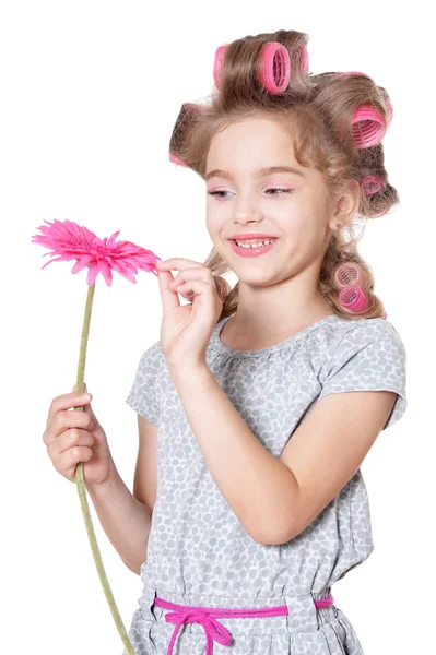 Pequeña chica bonita en rulos de pelo — Foto de Stock