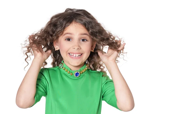 Mała dziewczynka pozowanie w zielonej sukni — Zdjęcie stockowe