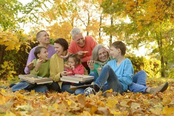 Familjen äta pizza i park — Stockfoto