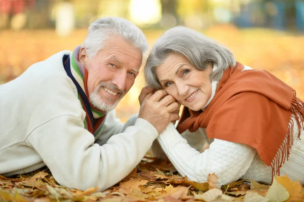 Casal sênior no parque de outono — Fotografia de Stock