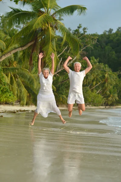 Elderly couple rest at tropical beach — Stock Photo, Image