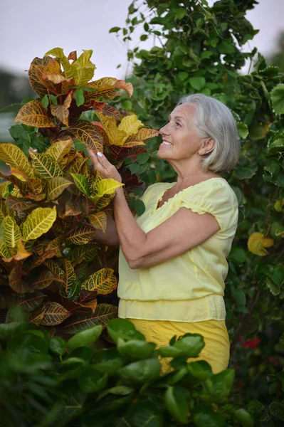 Elderly woman   in tropical garden — Stock Photo, Image