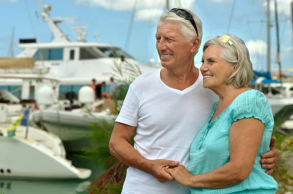 Seniorenpaar steht auf Seebrücke — Stockfoto
