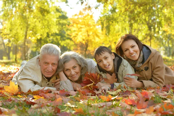 Família feliz relaxando na floresta de outono — Fotografia de Stock
