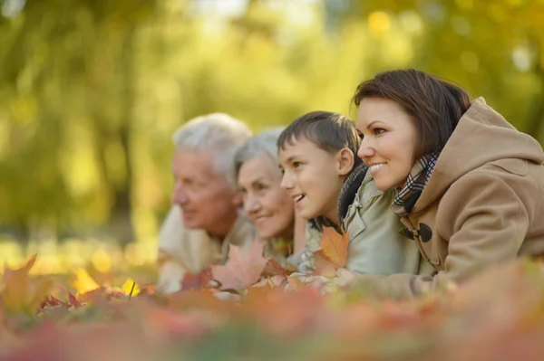 Familia feliz relajándose en el bosque de otoño — Foto de Stock