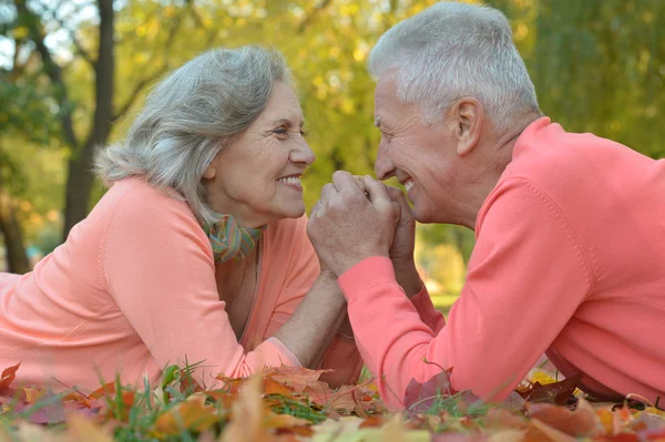 Casal sênior no parque de outono — Fotografia de Stock