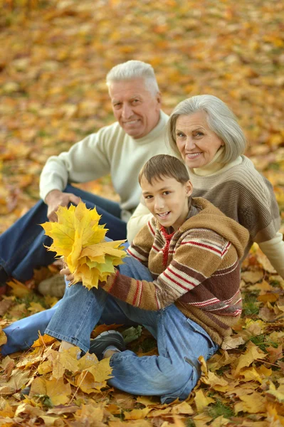 Abuelos y nieto en el parque de otoño —  Fotos de Stock