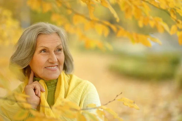 Donna anziana nel parco di autunno — Foto Stock