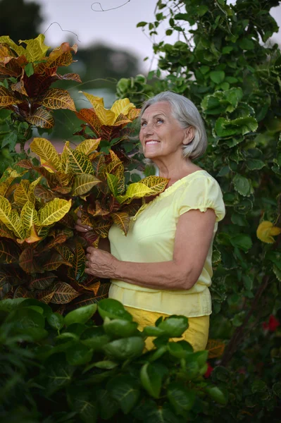 Äldre kvinna i tropisk trädgård — Stockfoto