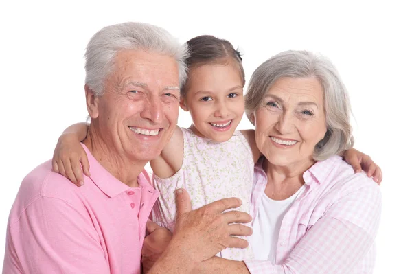 Grands-parents avec petite-fille sur blanc — Photo