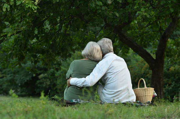 Roande gamla par på picknick — Stockfoto