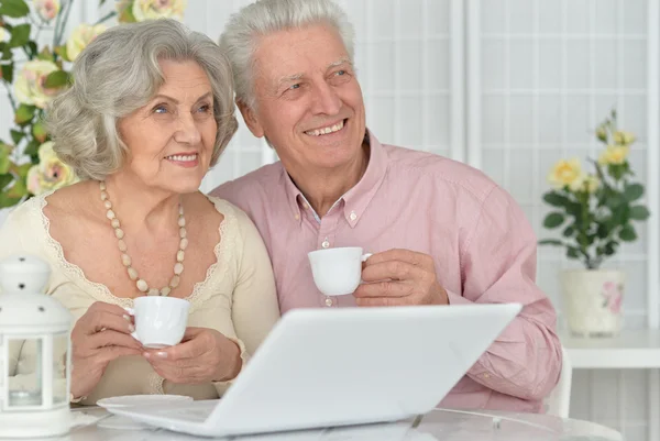 Pareja mayor con portátil — Foto de Stock