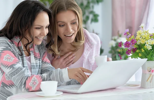 Chicas tomando té con el ordenador portátil — Foto de Stock