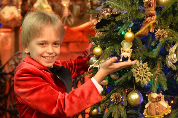 Cute Boy Posing Christmas Tree — Stock Photo, Image