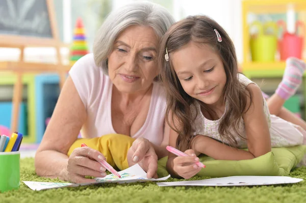 Portrait Grandmother Granddaughter Drawing Together — Stock Photo, Image