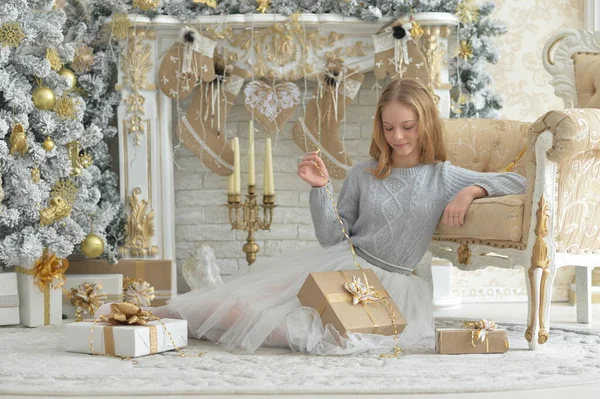 Portrait Girl Sitting Gifts Christmas — Stock Photo, Image