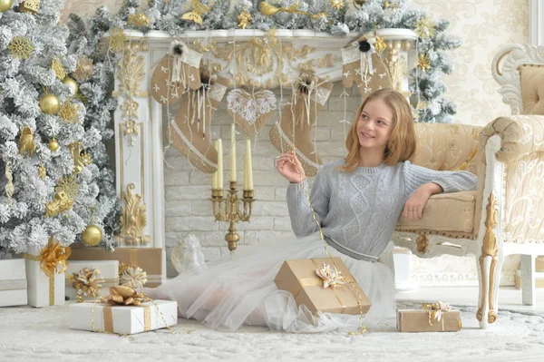 Portrait Girl Sitting Gifts Christmas — Stock Photo, Image
